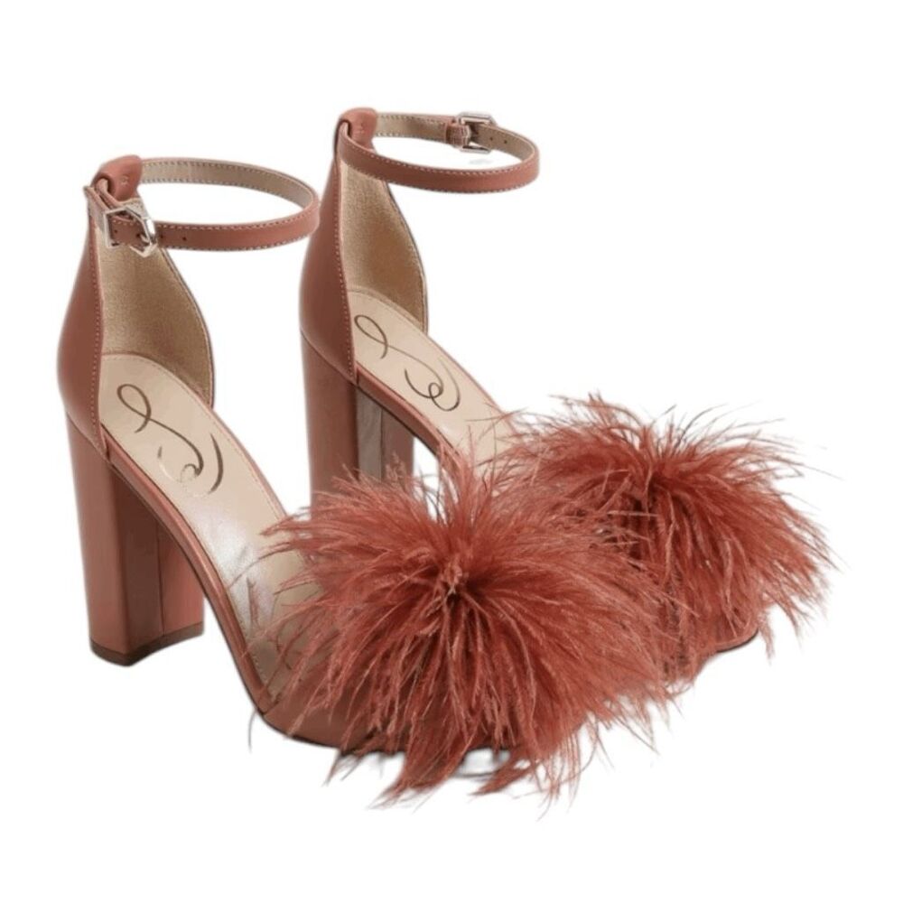 Sam Edelman Rust Feather Pom-Pom Ankle Strap Block Heel Sandals NWOT - Picture 2 of 9